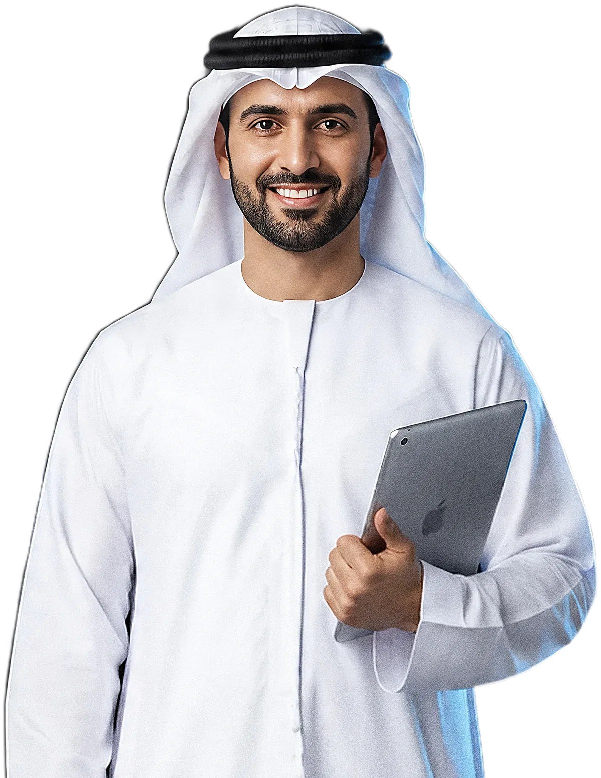 Consultant in traditional Emirati kandura and ghutra holding a tablet